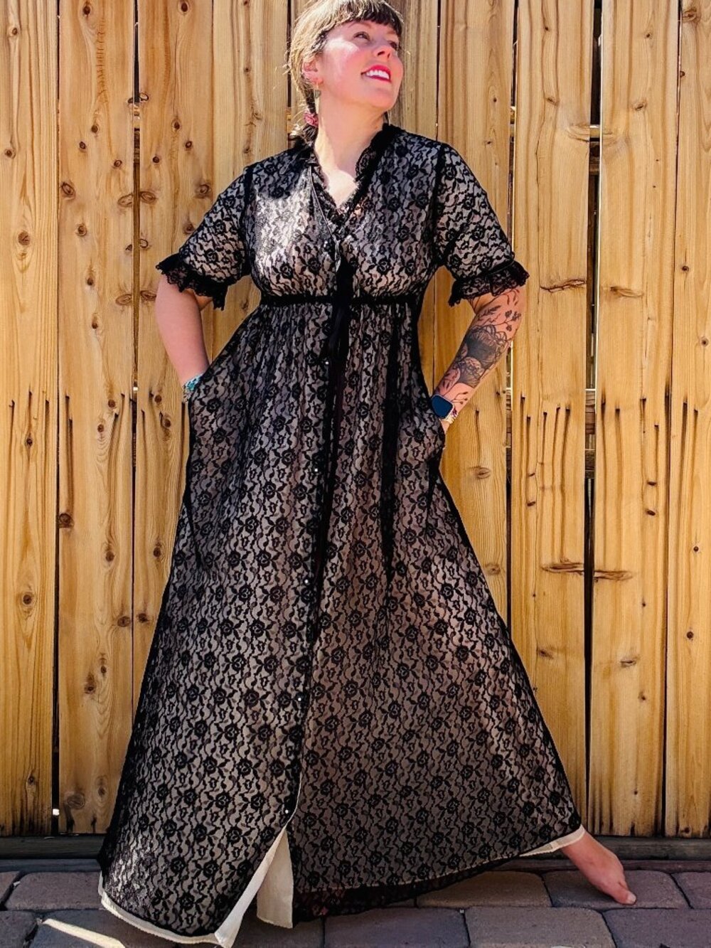 Vintage Peignoir Robe 60s Marilyn Black Floral Lace Peignoir Lingerie Robe | M/L
